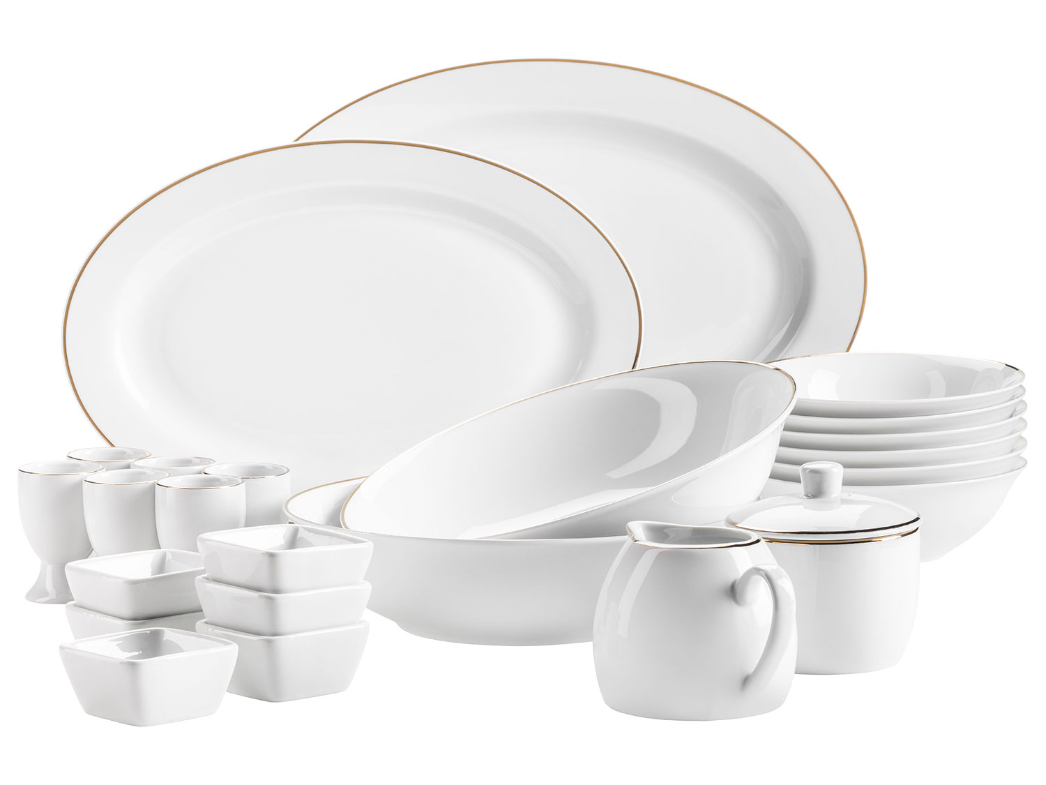 MÄSER Serie Professional Dining, Zubehör Set aus Müslischalen, Eierbechern, Schüsseln, Zuckerdose, Milchkännchen, Dipschälchen und Servierplatten, 24-teilig, Weiß mit Goldrand (gold)