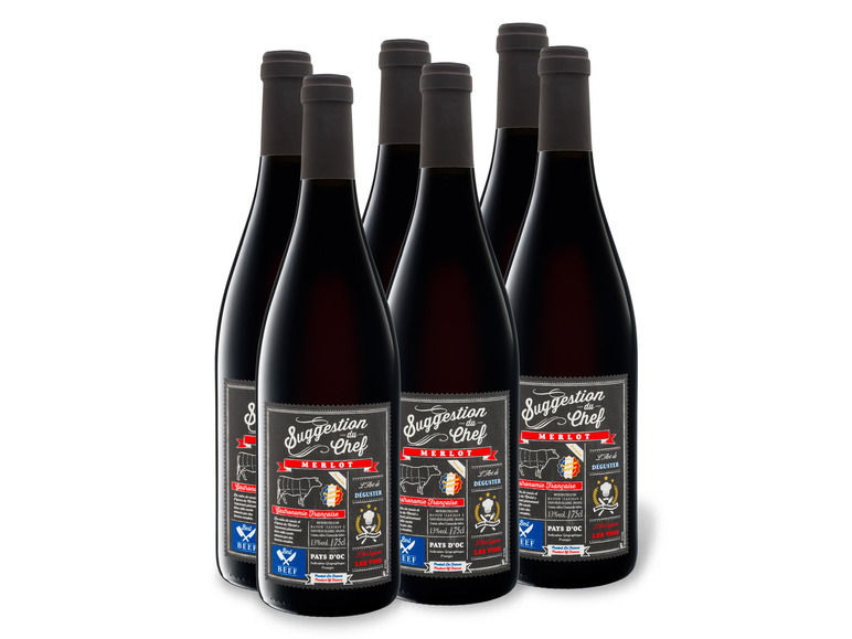 6 x 0 75-l-Flasche Weinpaket Suggestion du Chef Merlot Pays d\'Oc IGP  trocken Rotwein
