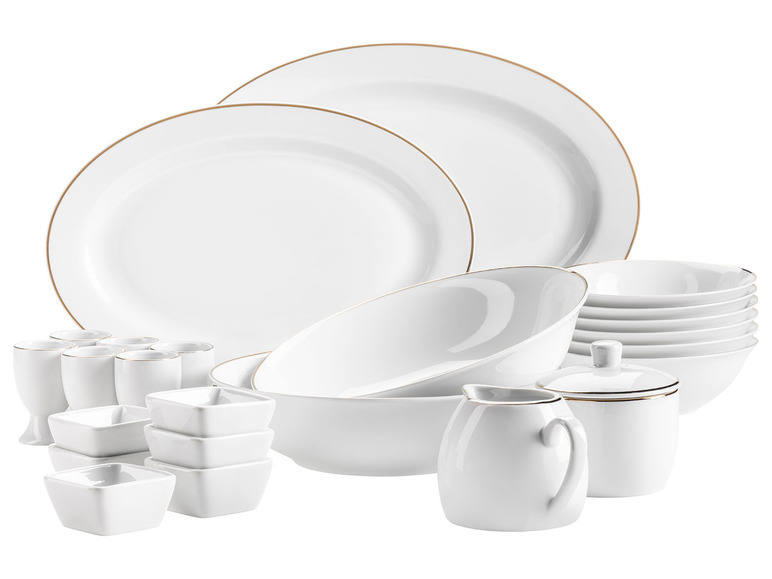 MÄSER Serie Professional Dining, Zubehör Set aus Müslischalen, Eierbechern, Schüsseln, Zuckerdose, Milchkännchen, Dipschälchen und Servierplatten, 24-teilig, Weiß mit Goldrand