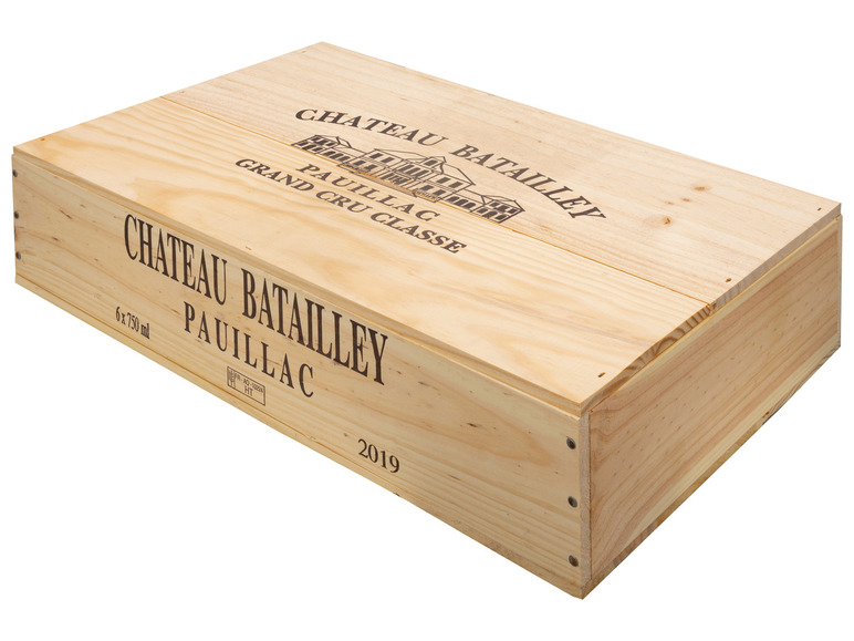 6 x 0,75-l-Flasche Château Cru Original-Holzkiste AOP Rotwein trocken, - Batailley Pauillac Grand Classé 2019 5éme