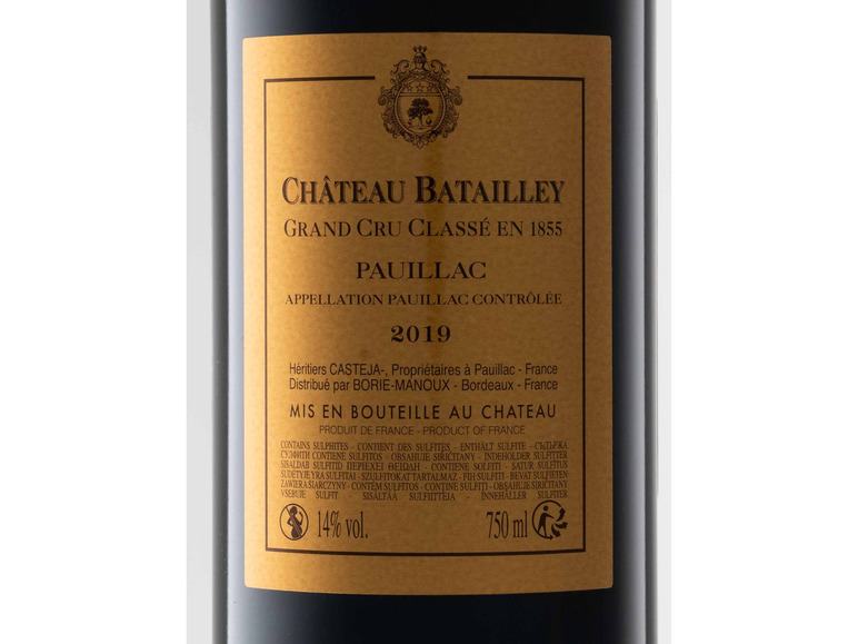 Grand Pauillac - 5éme trocken, Classé x 0,75-l-Flasche 2019 Cru AOP Original-Holzkiste 6 Batailley Château Rotwein