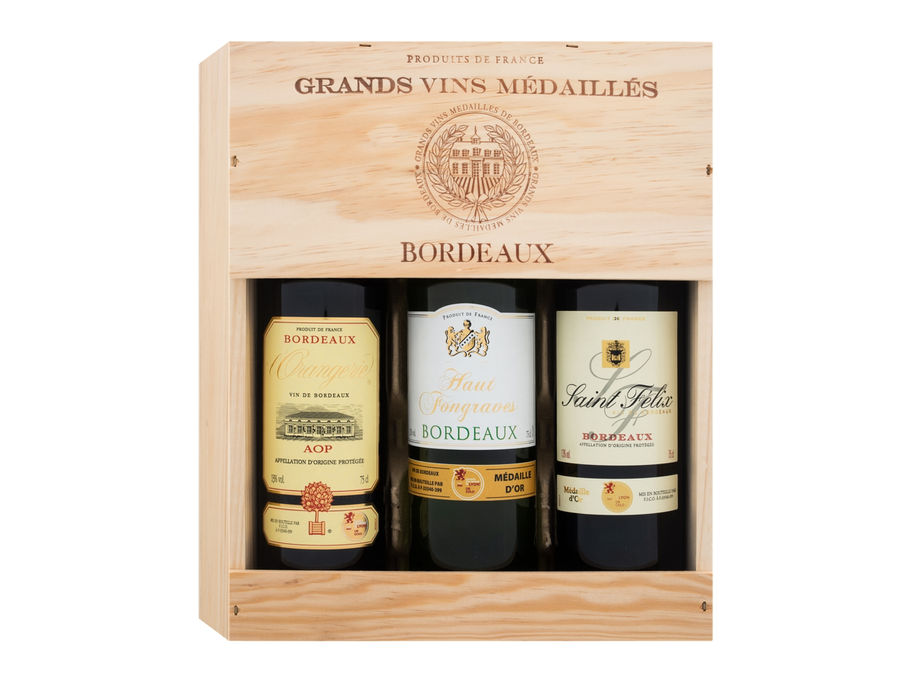 3 x 0,75-l-Flasche Weinpaket Bordeaux mit Holzkiste