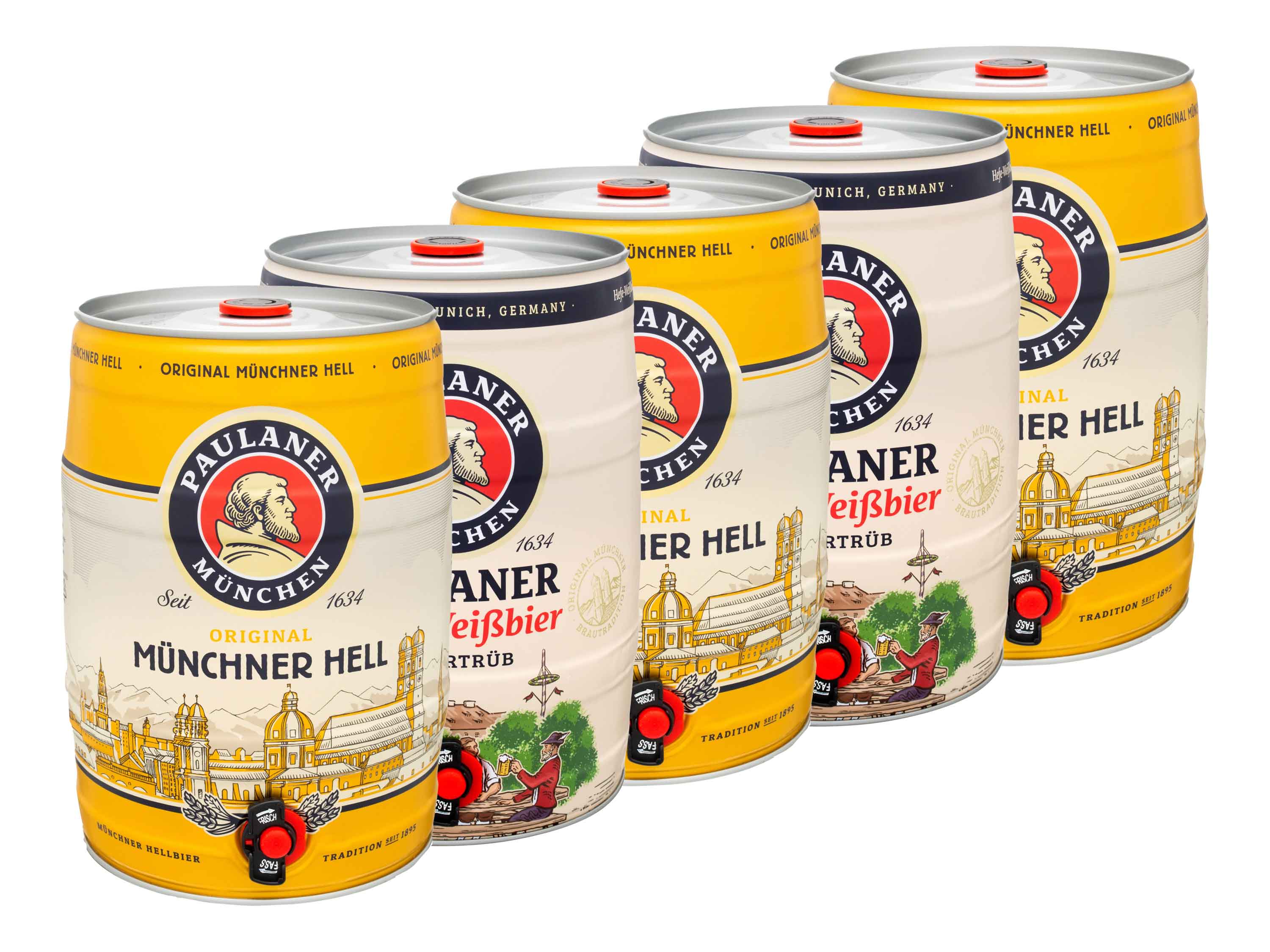 5 x 5,0-l-Bierfässer Paulaner Mix (3 x Münchner Hell & 2 x Hefe-Weißbier)