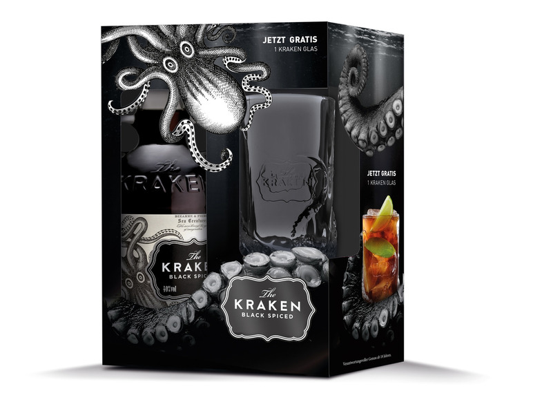 Gehe zu Vollbildansicht: The Kraken Black Spiced (Rum-Basis) mit Geschenkbox und Glas 40% Vol - Bild 1