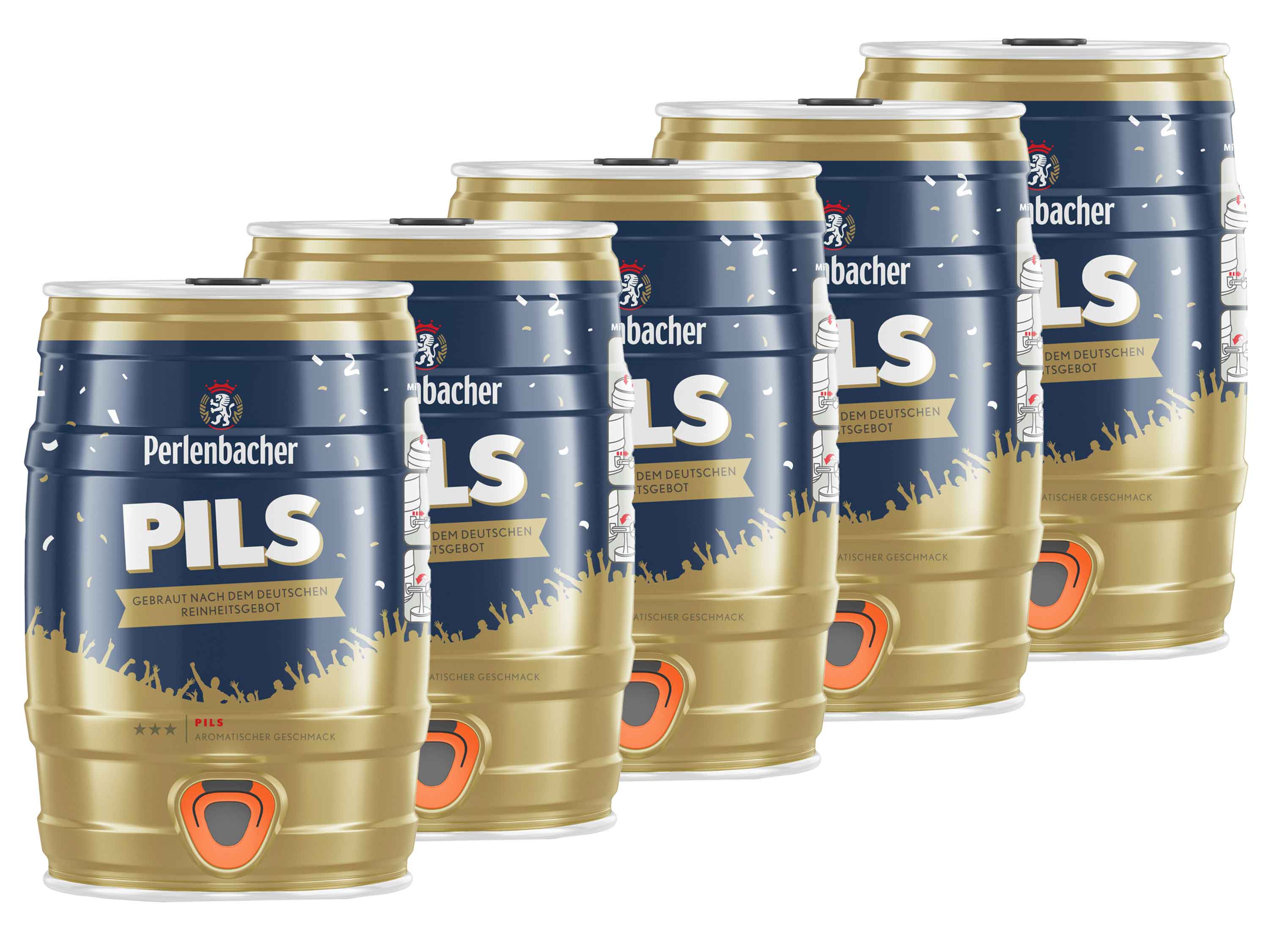 5 x 5,0-l-Bierfass Perlenbacher Pils mit Zapfhahn