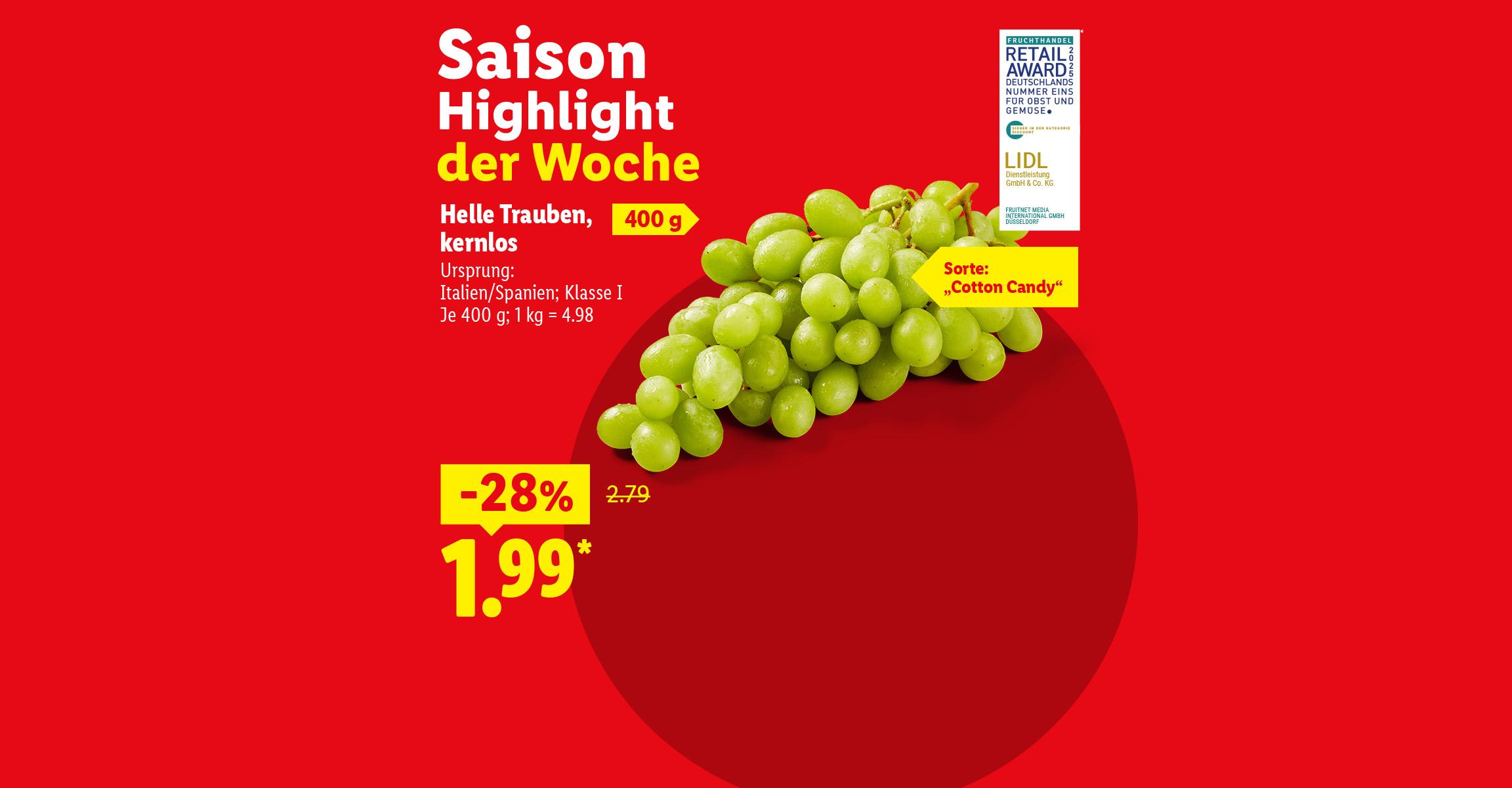 Saison Highlight der Woche. Helle Trauben, kernlos 28% billiger für 1.99 je 400g. 1 kg= 4.98. Ursprung: Italien/ Spanien Klasse 1. Sorte "Cotton Candy". Jetzt entdecken