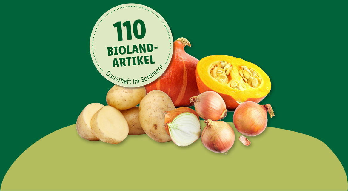 110 Bioland-Artikel dauerhaft im Sortiment: z.B. Kürbisse, Kartoffeln und Zwiebeln
