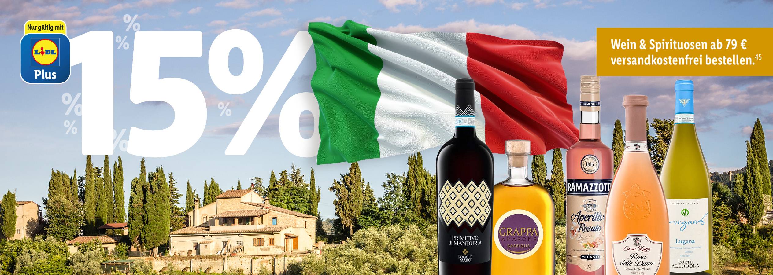 Italienische Weine, Grappa und Liköre: 15% Rabatt mit Lidl Plus.