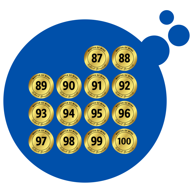 Goldene Medaillen mit Weinbewertungen von 87 bis 100 von Richard Bampfield, Master of Wine.