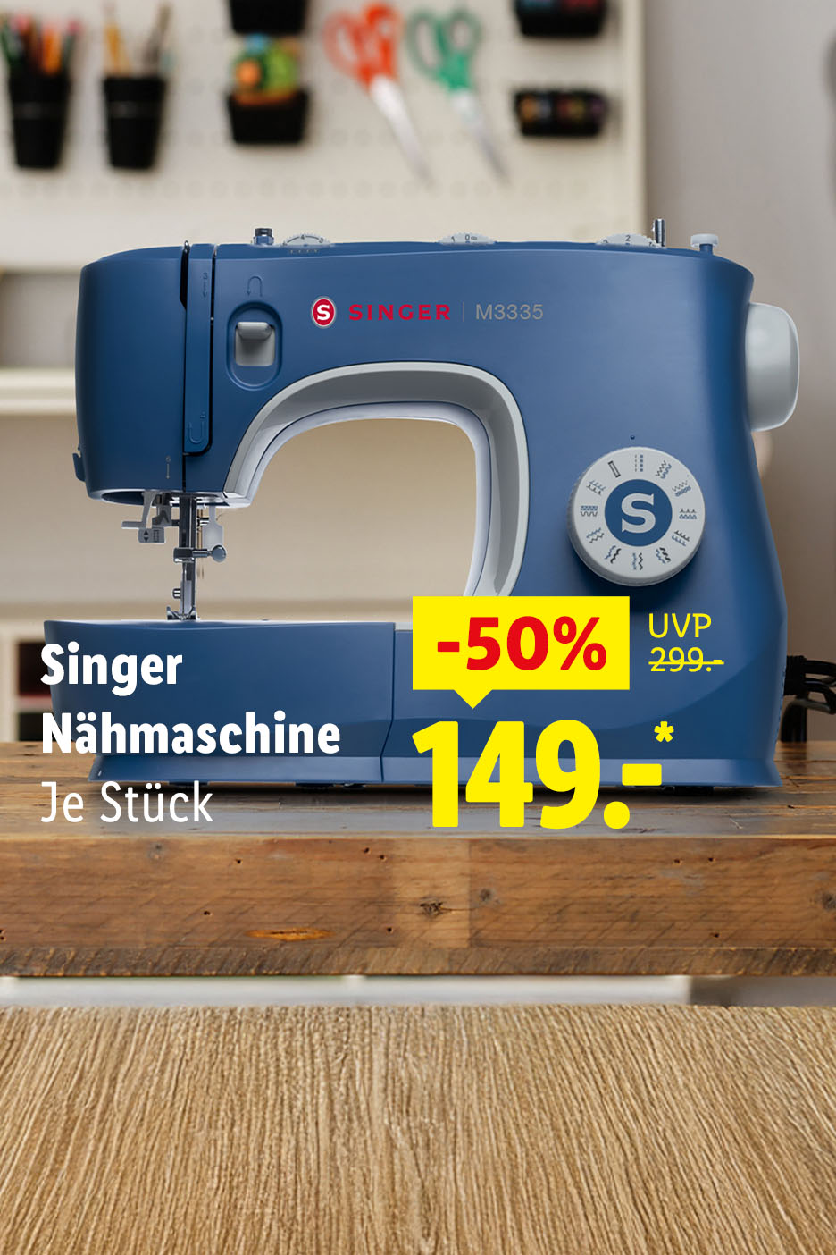 Eine blaue Singer Nähmaschine M3335 mit 50% Rabatt für 149.- statt 299.- UVP.