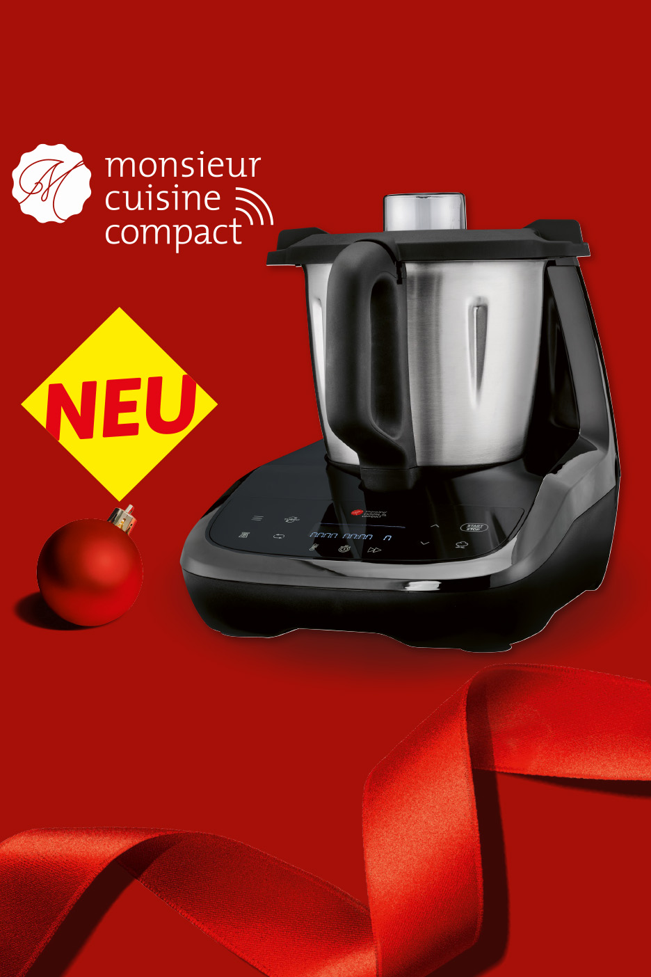 Monsieur Cuisine Compact Küchenmaschine auf rotem Hintergrund mit Weihnachtsdeko und „NEU“-Schild.