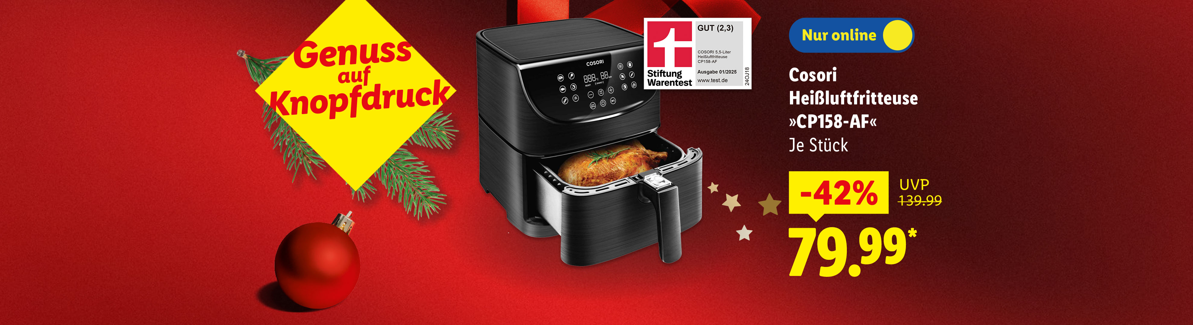 Cosori Heißluftfritteuse CP158-AF im Angebot, bewertet mit GUT (2,3) von Stiftung Warentest.