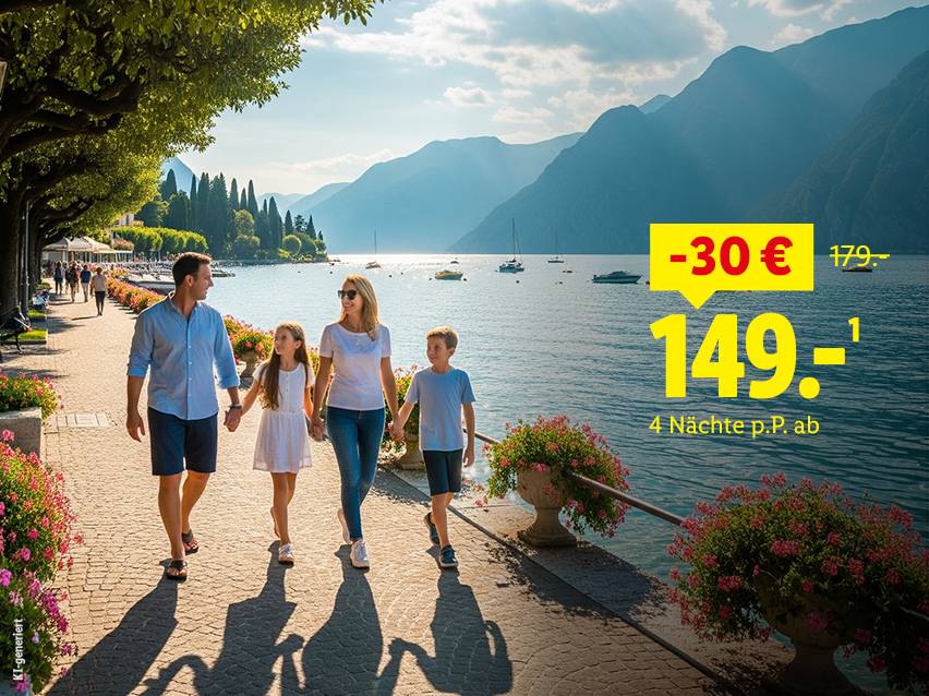 Mit Lidl Reisen Urlaub auf italienisch mit der Familie am Gardasee ab 149€ p.P. für 4 Nächte, statt 179€. Daraus ergibt sich eine Esparnis von 30€.
