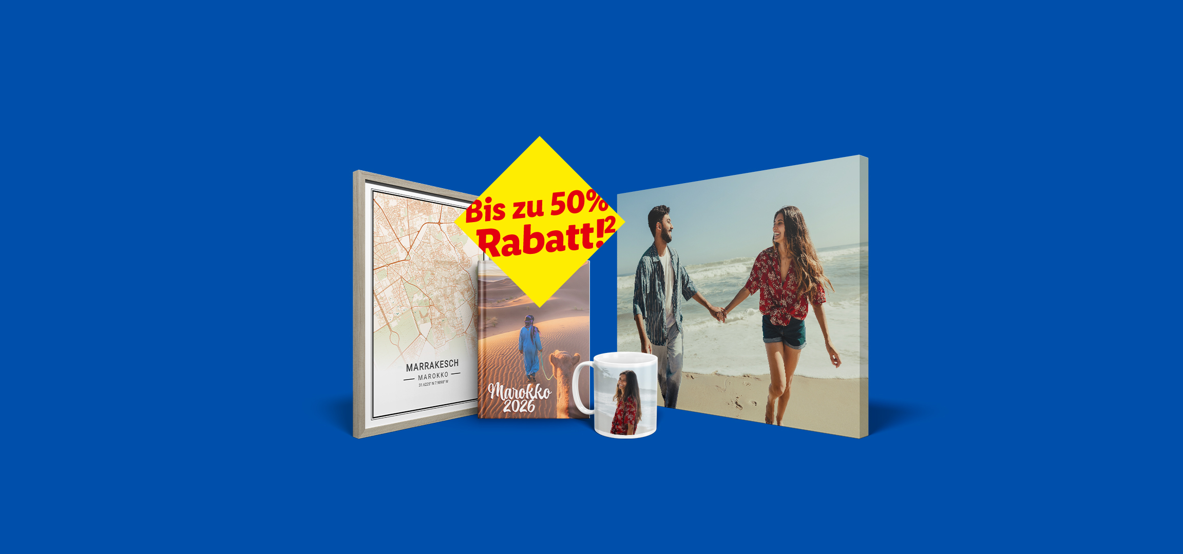 Verschiedene Fotoprodukte wie Leinwand, Fotobuch, Tasse und gerahmtes Bild. Bis zu 50% Rabatt!