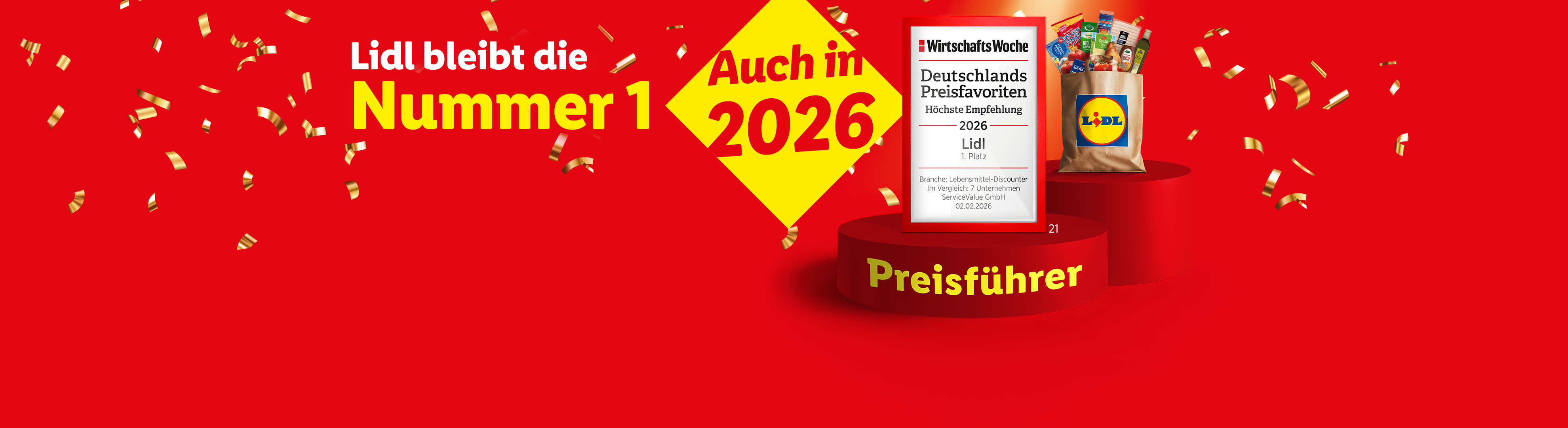 Preisführer. Lidl bleibt die Nummer 1 – Auch in 2026: Siegel WirtschaftsWoche Deutschlands Preisfavoriten 2026
