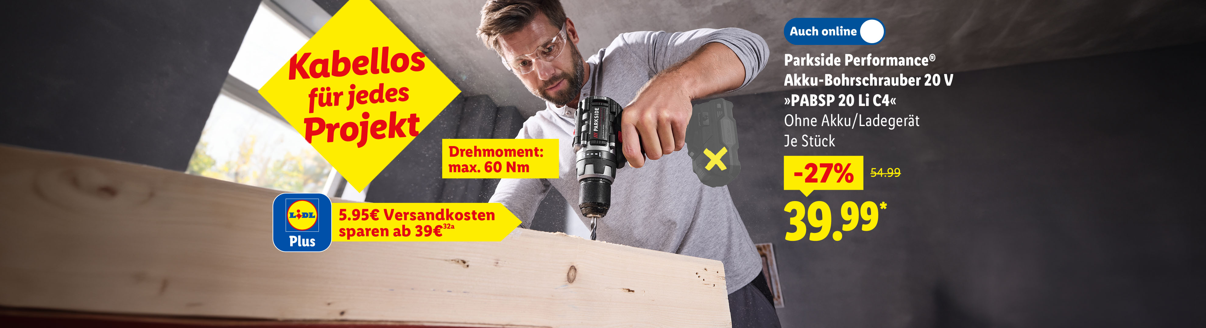 Parkside Performance® Akku-Bohrschrauber 20 V »PABSP 20 Li C4« Ohne Akku/Ladegerät, Drehmoment: max. 60 Nm, je Stück -27% günstiger auch online für 39.99€*