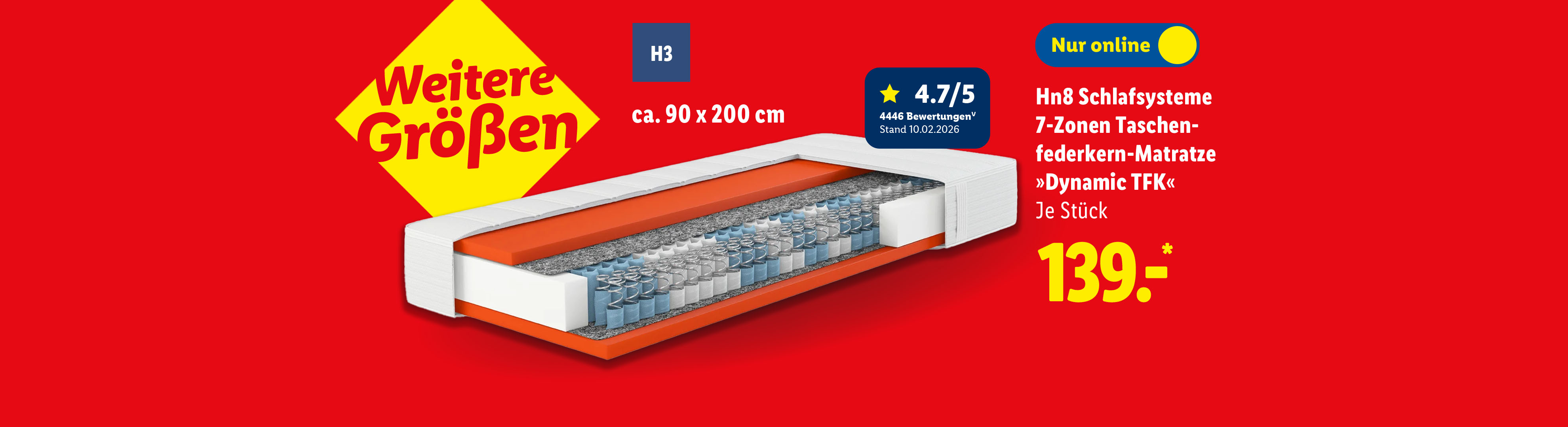 Hn8 Schlafsysteme 7-Zonen Taschen-federkern-Matratze »Dynamic TFK«, ca. 90 x 200 cm, H3, je Stück nur online für 139.00€*.