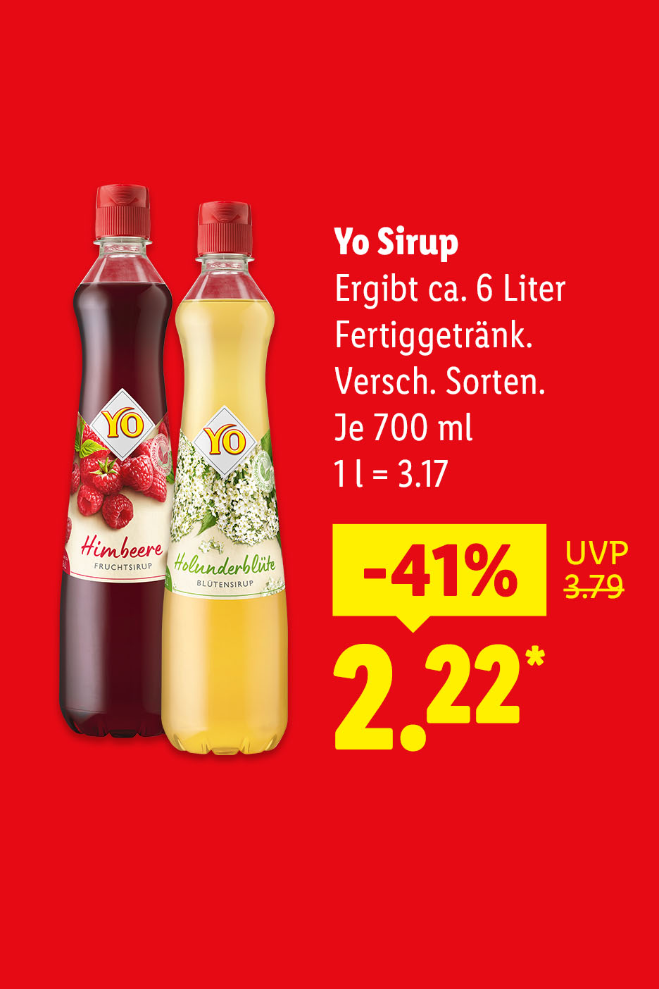 Yo Sirup, Ergibt ca. 6 Liter Fertiggetränk, Verschiedene Sorten, Je 700 ml (1 l = 3.17 €) mit 41% Rabatt für 2.22 €.