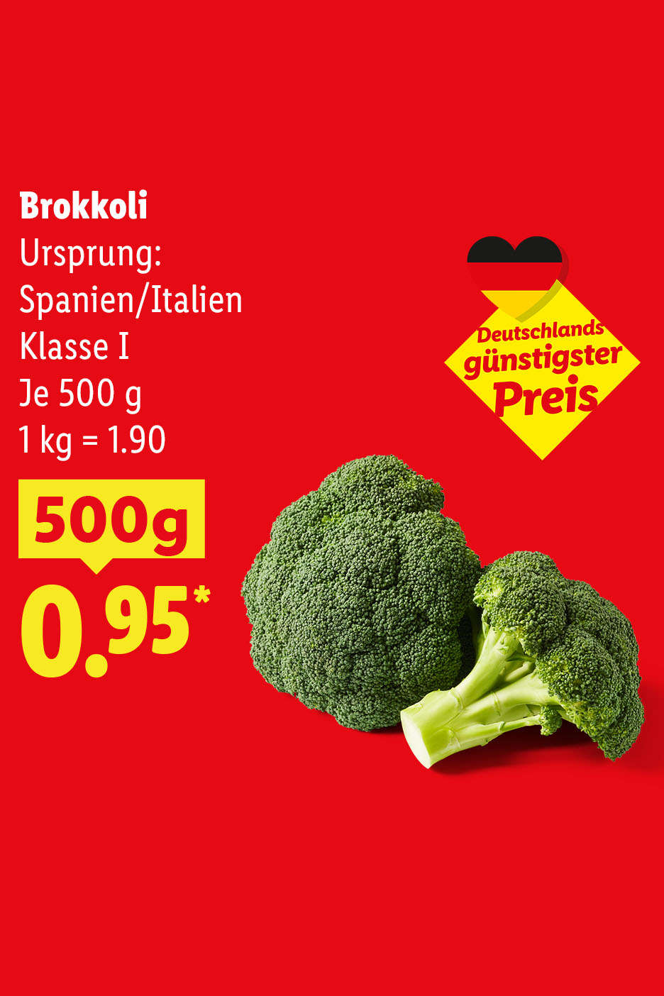 Deutschlands günstigster Preis – Brokkoli, Ursprung: Spanien/Italien, Klasse I, je 500 g (1 kg = 1.90€) für nur 0.95€