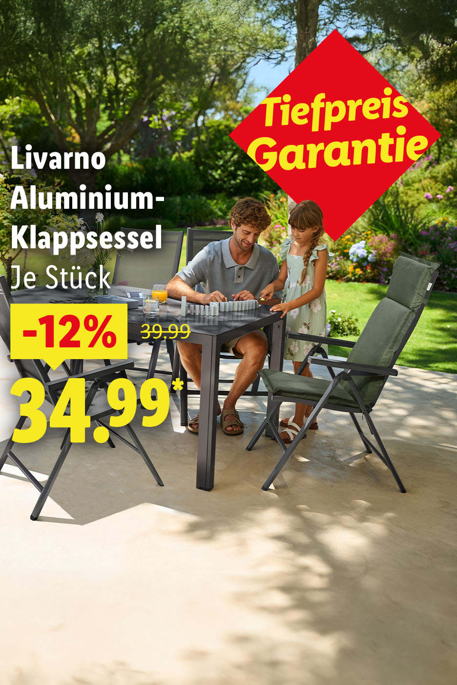 Tiefpreis Garantie: Livarno Aluminium-Klappsessel, je Stück -12% für 34.99 €*.