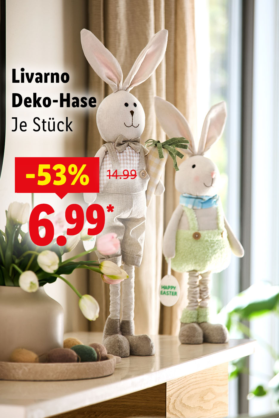 Livarno Deko-Hase, Je Stück mit einem Angebot von -53% auf 6.99€.