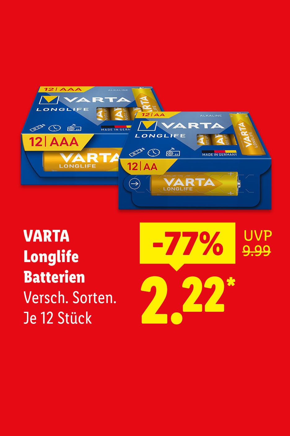 VARTA Longlife Batterien, verschiedene Sorten, je 12 Stück, 77% reduziert auf 2,22€ statt 9,99€ UVP.