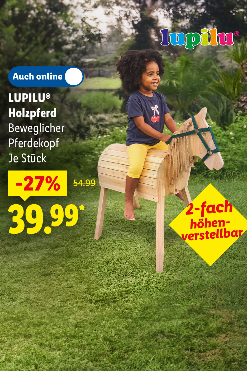 LUPILU Holzpferd, 2-fach höhenverstellbar, beweglicher Pferdekopf, je Stück auch online -27% für 39.99 €*.