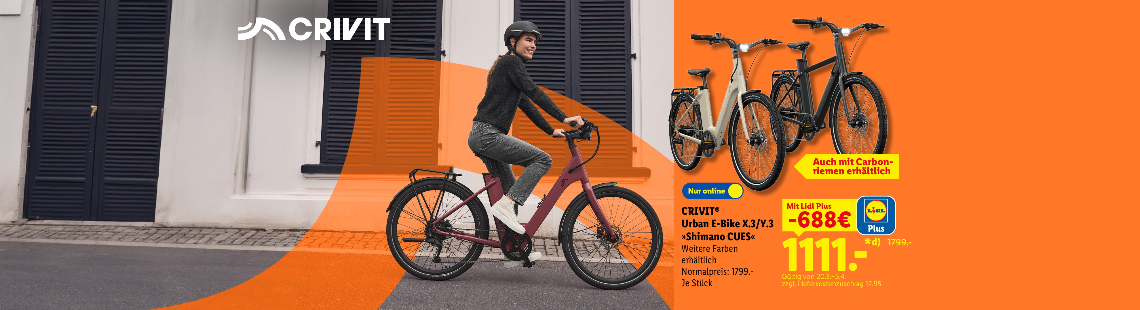 CRIVIT Urban E-Bike X.3/Y.3 »Shimano CUES«, auch mit Carbonriemen erhältlich, weitere Farben erhältlich, je Stück nur online -688 € mit Lidl Plus günstiger für 1111.- €*. Normalpreis 1799.-.