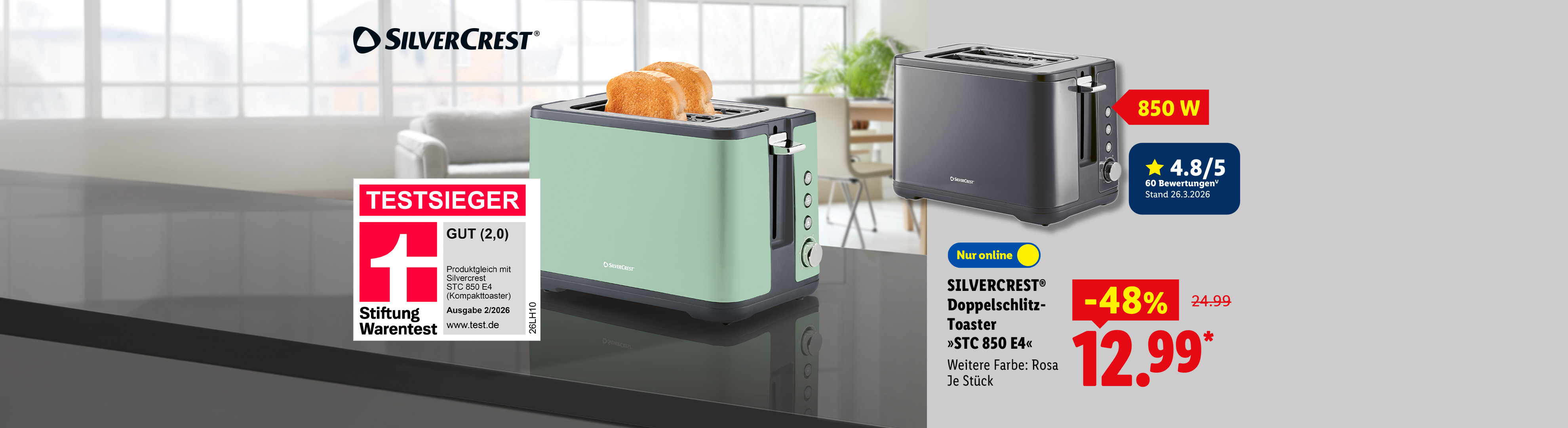 SILVERCREST Doppelschlitz-Toaster »STC 850 E4« in Grau, weitere Farben: mint, rosa, 850 W, 4.8/5 bei 60 Bewertungen (V) Stand 26.3.2026, je Stück nur online -48% für 12.99 €*.