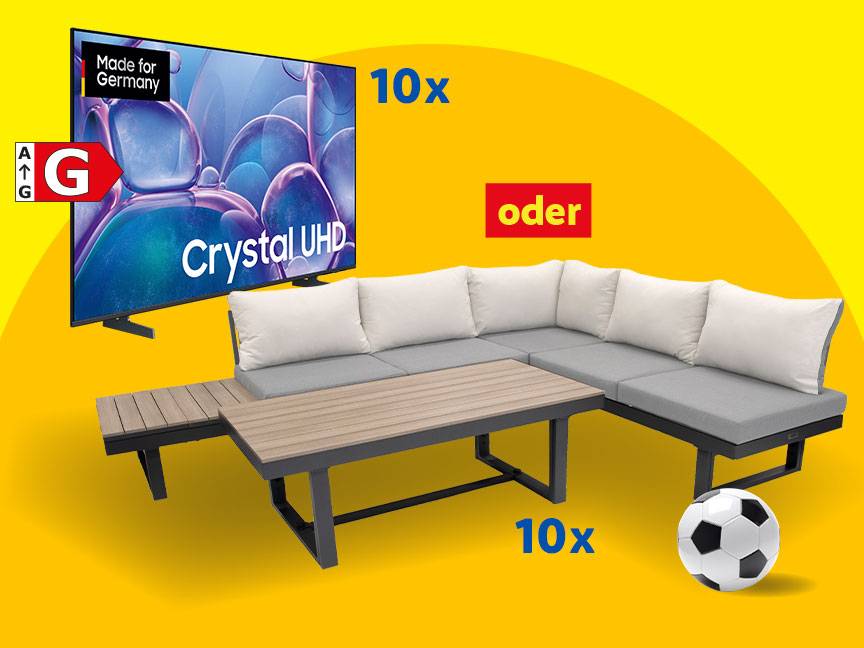 10x Samsung Smart TV 4K-UHD-Smart-TV, 65", Energieeffizienzklasse G (von A bis G) oder 10x Gartenlounge Bellavista Alu-Lounge „Largo“.