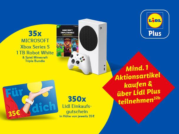 Werbebild für eine Verlosung mit einer weißen Spielkonsole, einem Spielpaket und Einkaufsgutscheinen.