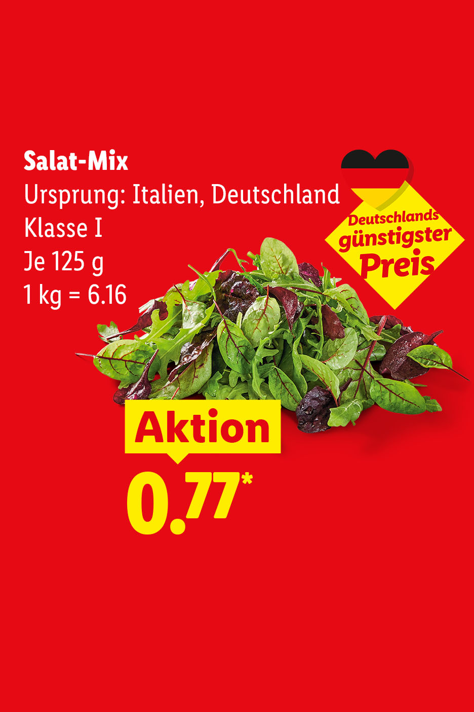 Deutschlands günstigster Preis – Salat-Mix, Ursprung: Italien, Deutschland, Klasse I, je 125 g (1 kg = 6.16€) für 0.77€*