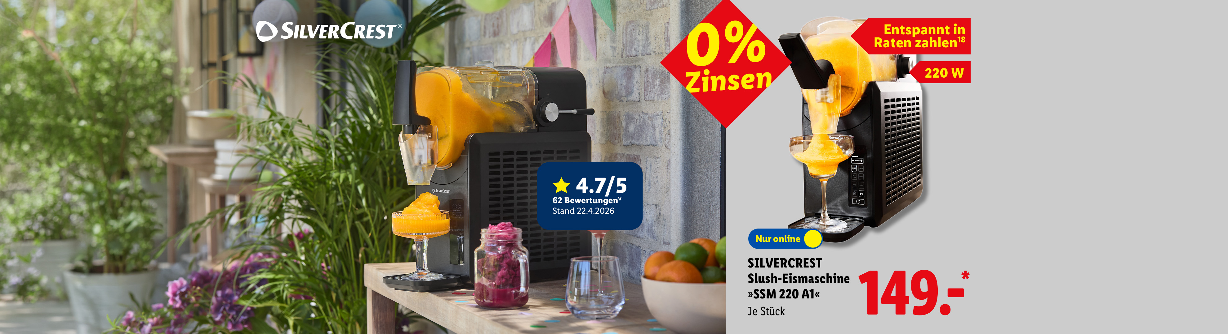 Entspannt in Raten zahlen, 0% Zinsen: SILVERCREST Slush-Eismaschine »SSM 220 A1«, 220 W, je Stück Nur online für 149.00 €*.