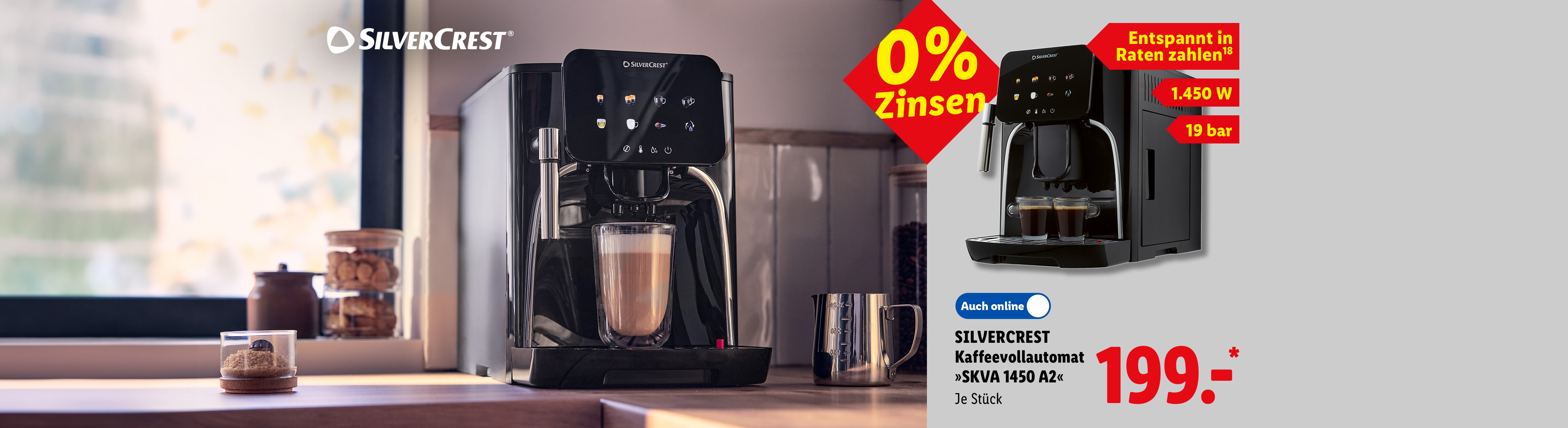 Entspannt in Raten zahlen, 0% Zinsen: SILVERCREST Kaffeevollautomat »SKVA 1450 A2«, 1.450 W, 19 bar, je Stück Auch online für 199.00 €*.