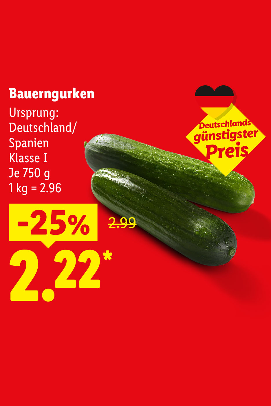 Deutschlands günstigster Preis – Bauerngurken, Ursprung: Deutschland/Spanien, Klasse I, je 750 g -25% für nur 2.22 €* (1 kg = 2.96 €)