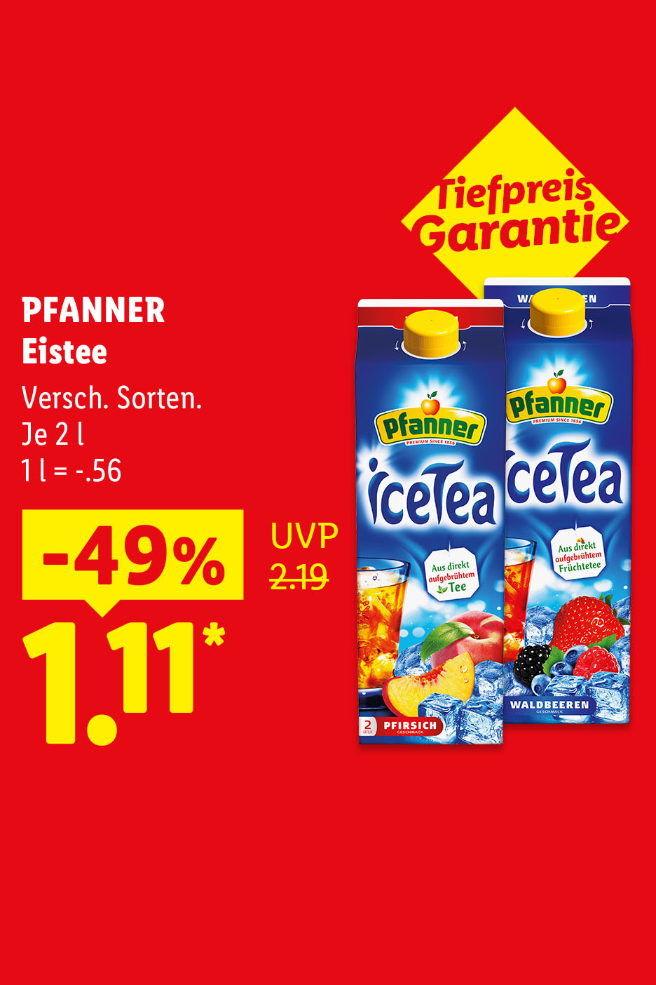Tiefpreis-Garantie – PFANNER Eistee, verschiedene Sorten, je 2 l -49% für 1.11 €* (1 l = -.56 €)