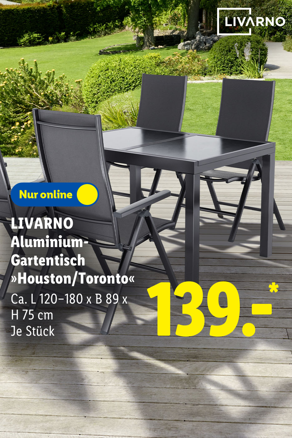 LIVARNO Aluminium-Gartentisch »Houston/Toronto«, ca. L 120–180 x B 89 x H 75 cm, je Stück nur online für 139.- €*.