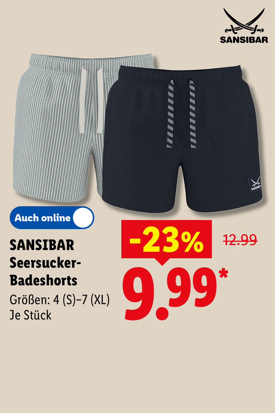 SANSIBAR Seersucker-Badeshorts, Größen: 4 (S)-7 (XL), je Stück 23% günstiger, auch online für 9.99 €*.
