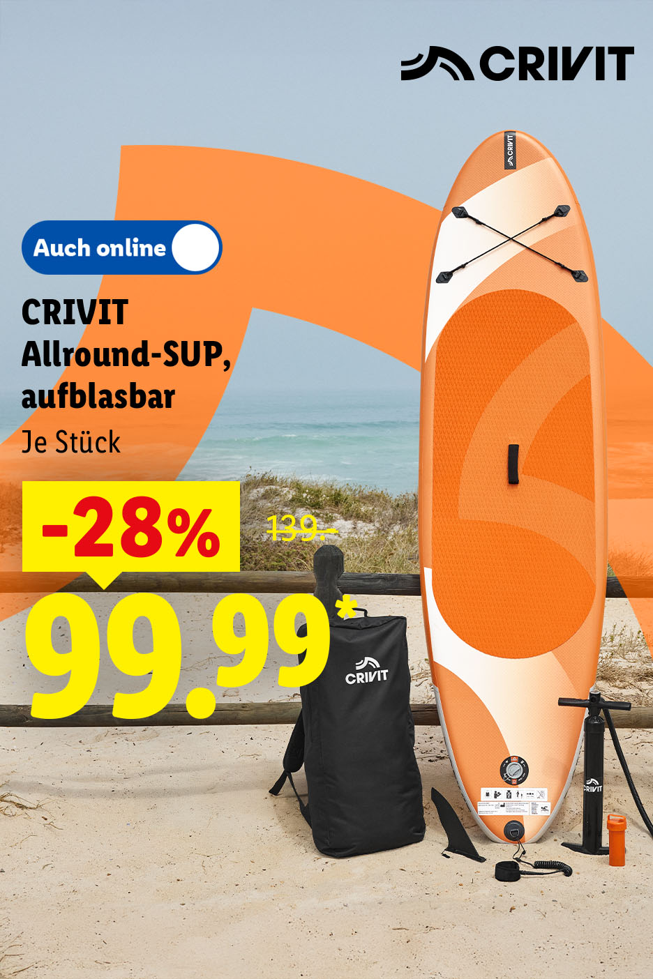 CRIVIT Allround-SUP, aufblasbar, inkl. Zubehör und Rucksack, je Stück -28% auch online für 99.99 €*.