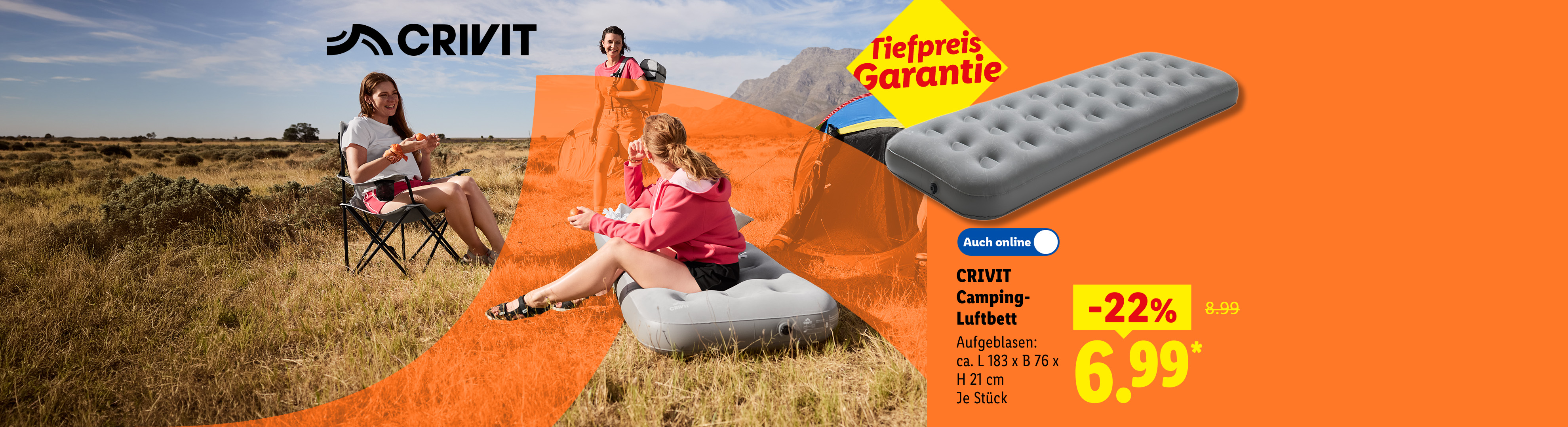 Tiefpreis Garantie: CRIVIT Camping-Luftbett, aufgeblasen ca. L 183 x B 76 x H 21 cm, je Stück -22% günstiger, Auch online für 6.99 €*.