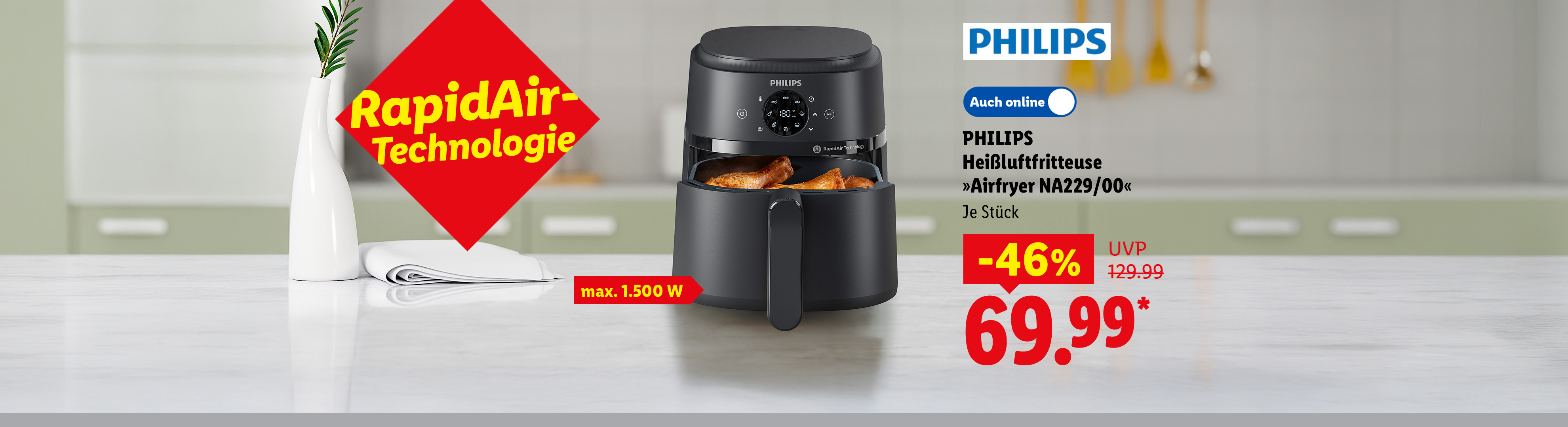 RapidAir-Technologie: PHILIPS Heißluftfritteuse »Airfryer NA229/00«, max. 1.500 W, je Stück 46% günstiger, auch online für 69.99 €*.