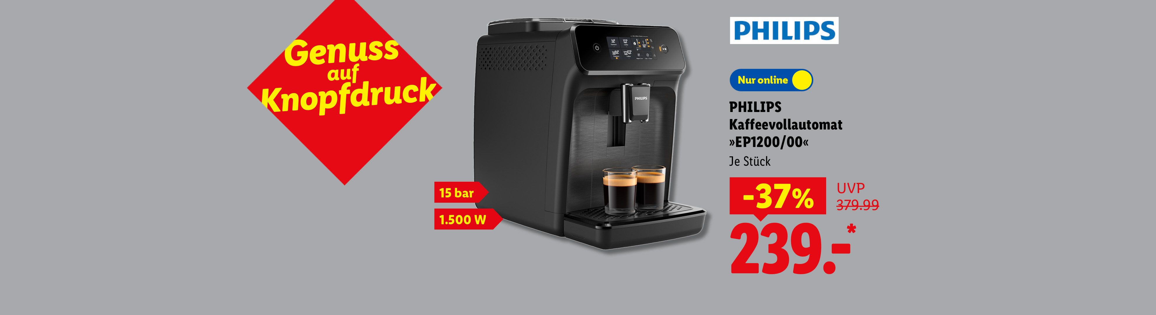 Genuss auf Knopfdruck: PHILIPS Kaffeevollautomat »EP1200/00«, 15 bar 1.500 W, je Stück 37% günstiger, Nur online für 239.- €*