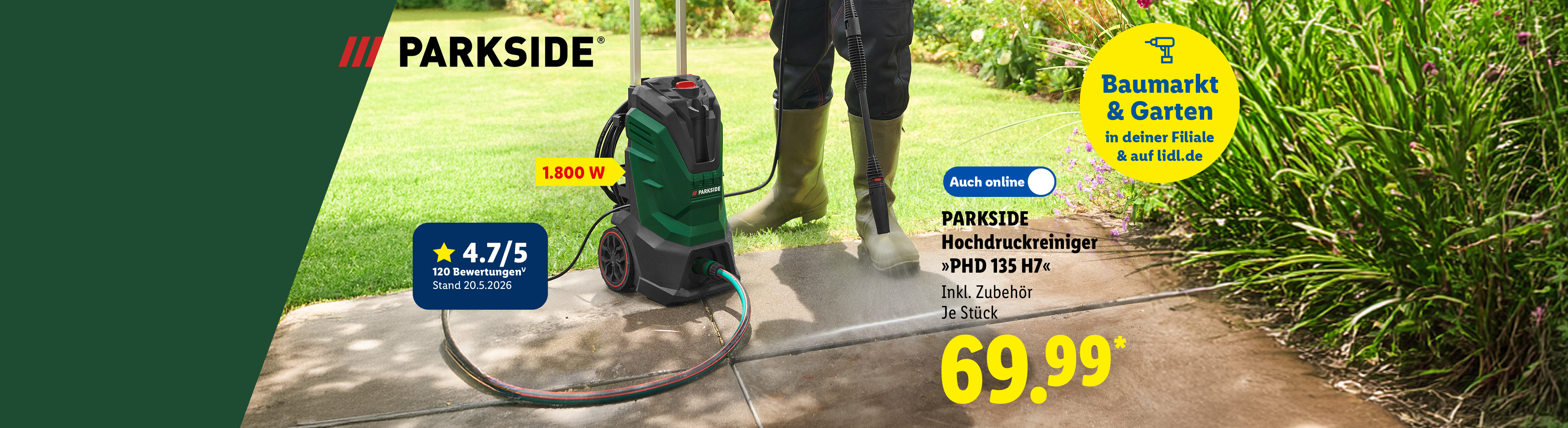 PARKSIDE Hochdruckreiniger »PHD 135 H7«, Inkl. Zubehör, 4.7/5 Sterne aus 120 Bewertungen, je Stück Auch online für 69.99 €*.