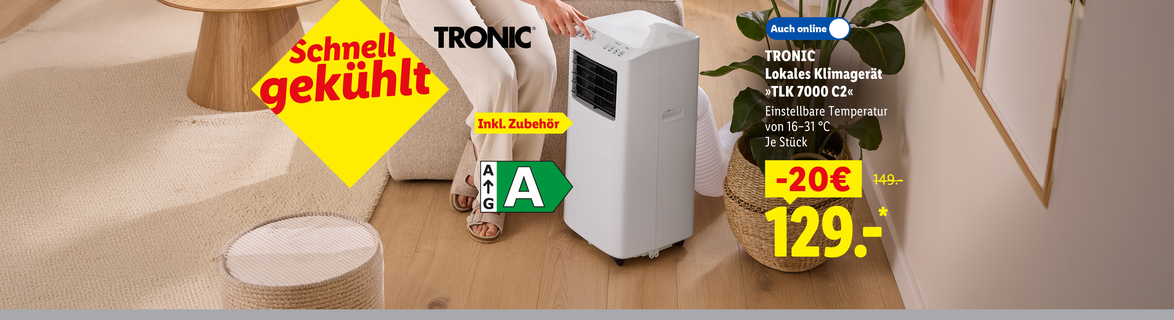 Schnell gekühlt: TRONIC Lokales Klimagerät »TLK 7000 C2«, Einstellbare Temperatur von 16–31 °C, inkl. Zubehör, Energieeffizienzklasse A, je Stück -20 € günstiger, auch online für 129.- €*