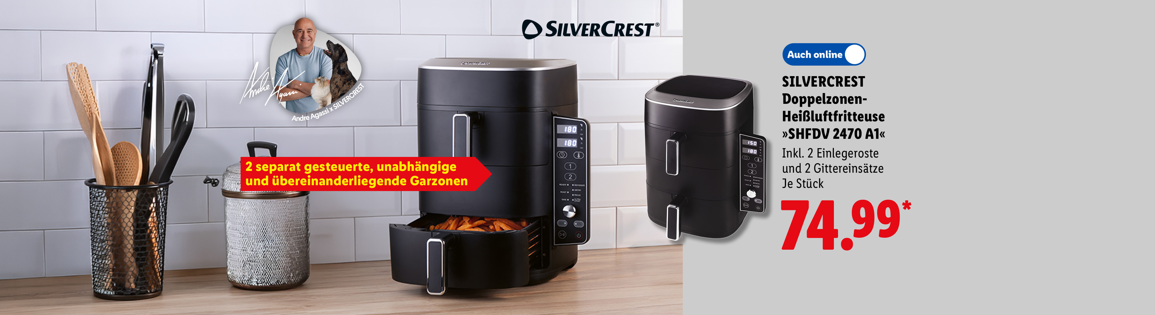 SILVERCREST Doppelzonen-Heißluftfritteuse »SHFDV 2470 A1«, Inkl. 2 Einlegeroste und 2 Gittereinsätze, je Stück auch online für 74.99 €*.