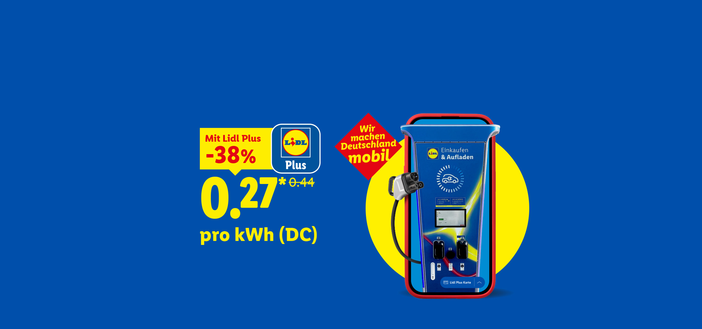 Lidl Plus App mit Ladesäule für Elektroautos, 38% Rabatt auf 0,27 € pro kWh (DC).
