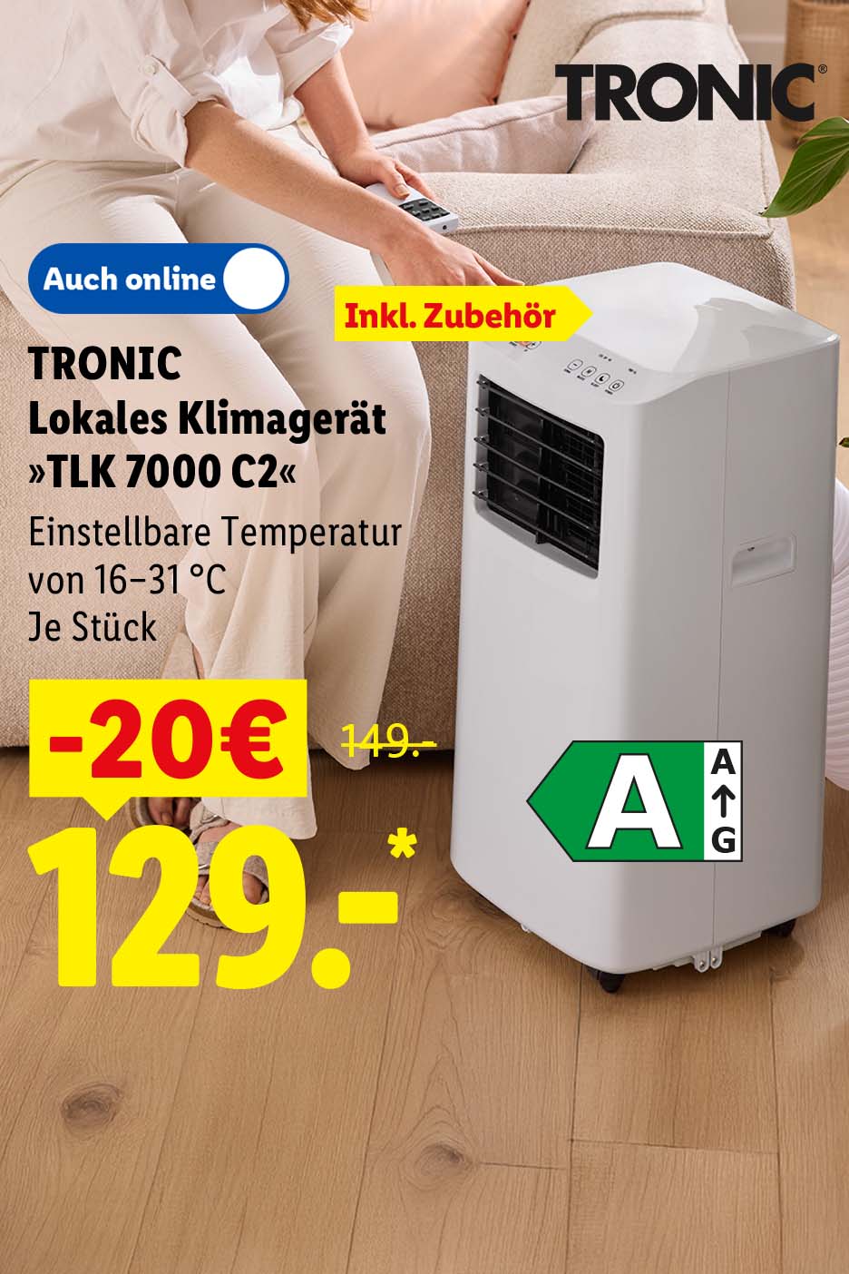 TRONIC Lokales Klimagerät »TLK 7000 C2«, Inklusive Zubehör, Einstellbare Temperatur von 16–31 °C, Energieeffizienzklasse A, je Stück -20€ auch online für 129.- €*.
