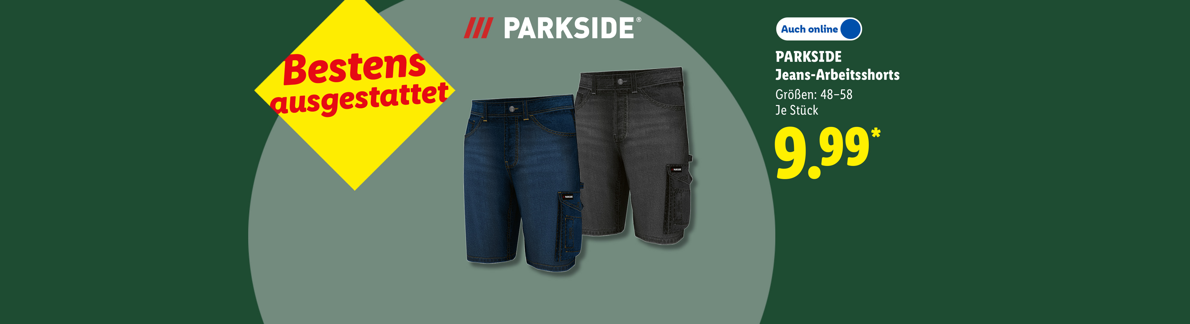 Bestens ausgestattet: PARKSIDE Jeans-Arbeitsshorts, Größen: 48–58, je Stück, Auch online für 9.99 €*.