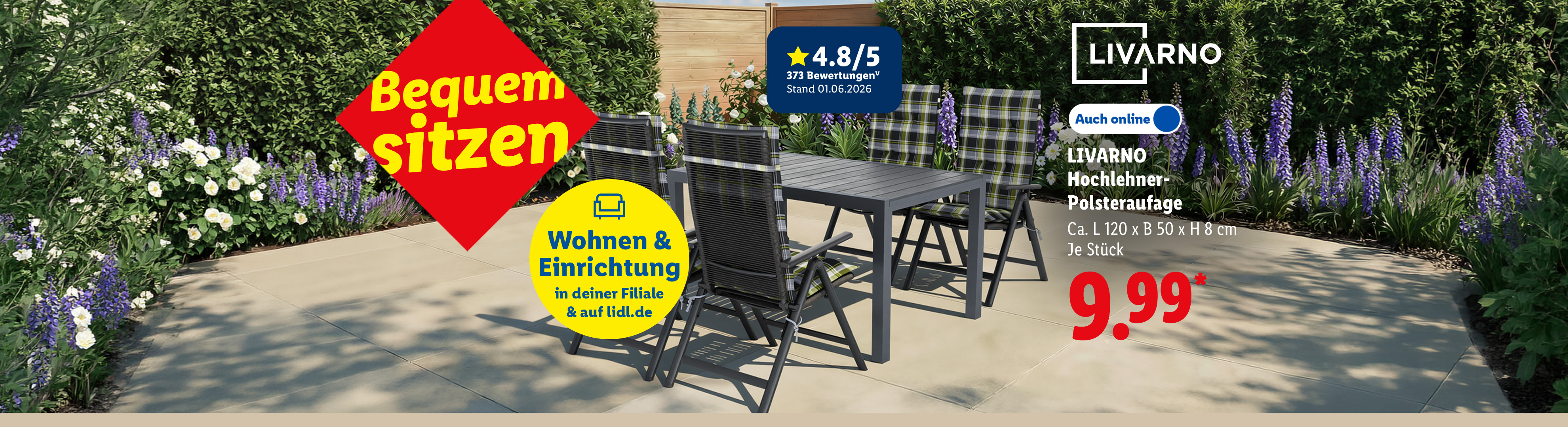 Bequem sitzen: LIVARNO Hochlehner-Polsterauflage, Ca. L 120 x B 50 x H 8 cm, je Stück, Auch online für 9.99 €*.