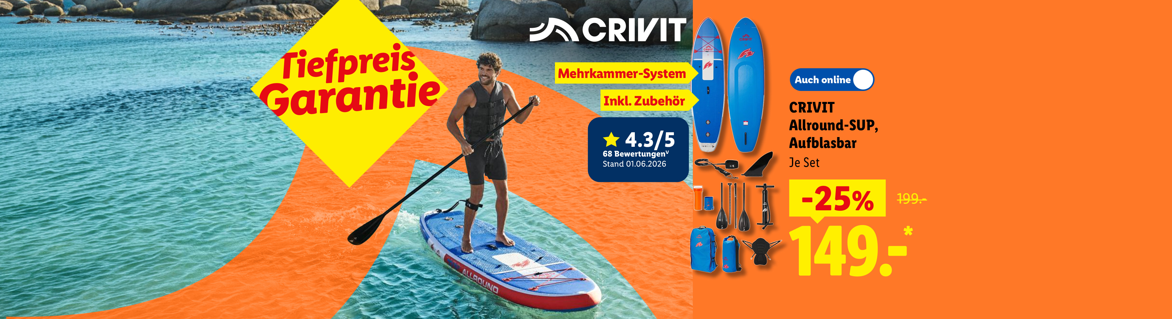 Tiefpreis Garantie, Mehrkammer-System: CRIVIT Allround-SUP, Aufblasbar, je Stück 25% günstiger, Auch online für 149.- €*.